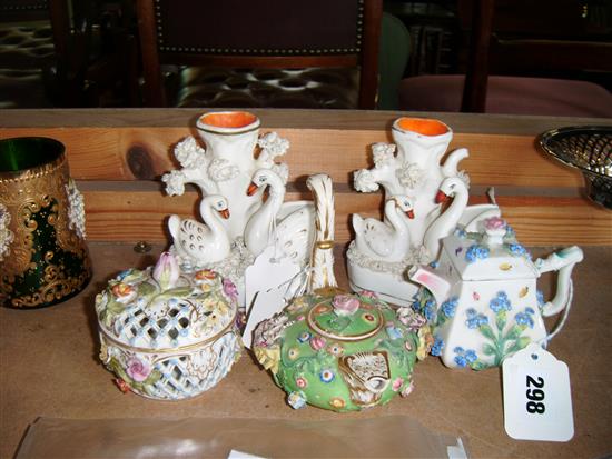 3 flower-encrusted miniature porcelain items & a pair of Staffordshire swan spill vases